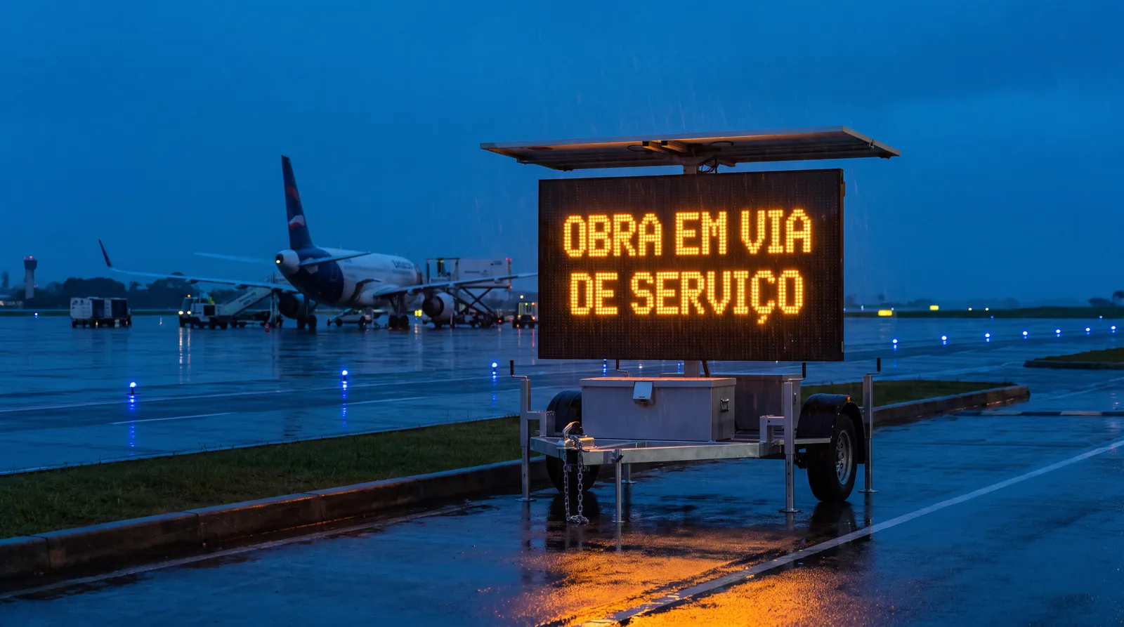 Painel de mensagem variável móvel exibindo OBRA EM VIA DE SERVIÇO em pátio de aeroporto ao anoitecer, com aeronave ao fundo