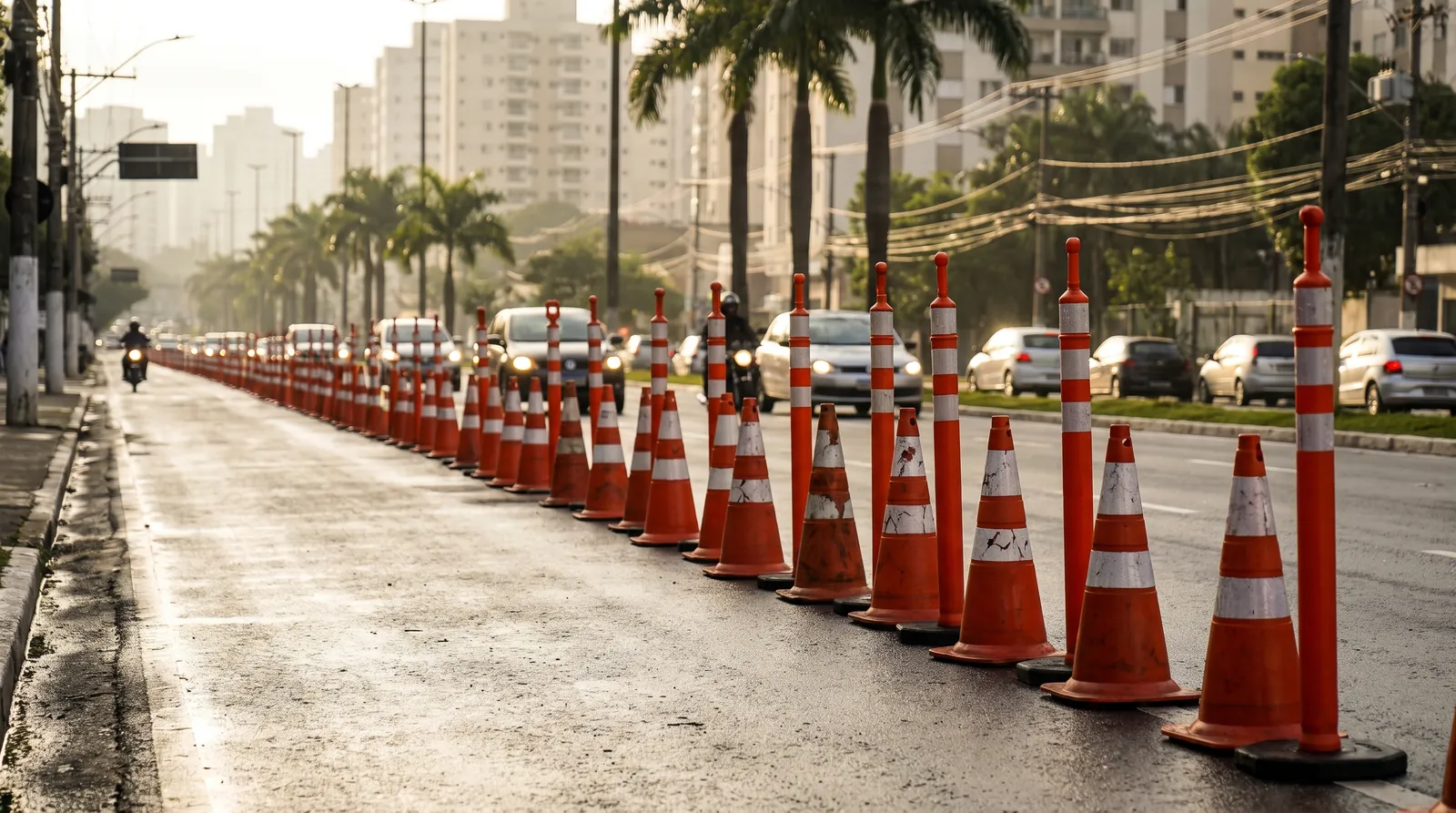 Fileira de cones canalizando o tráfego de uma faixa para outra