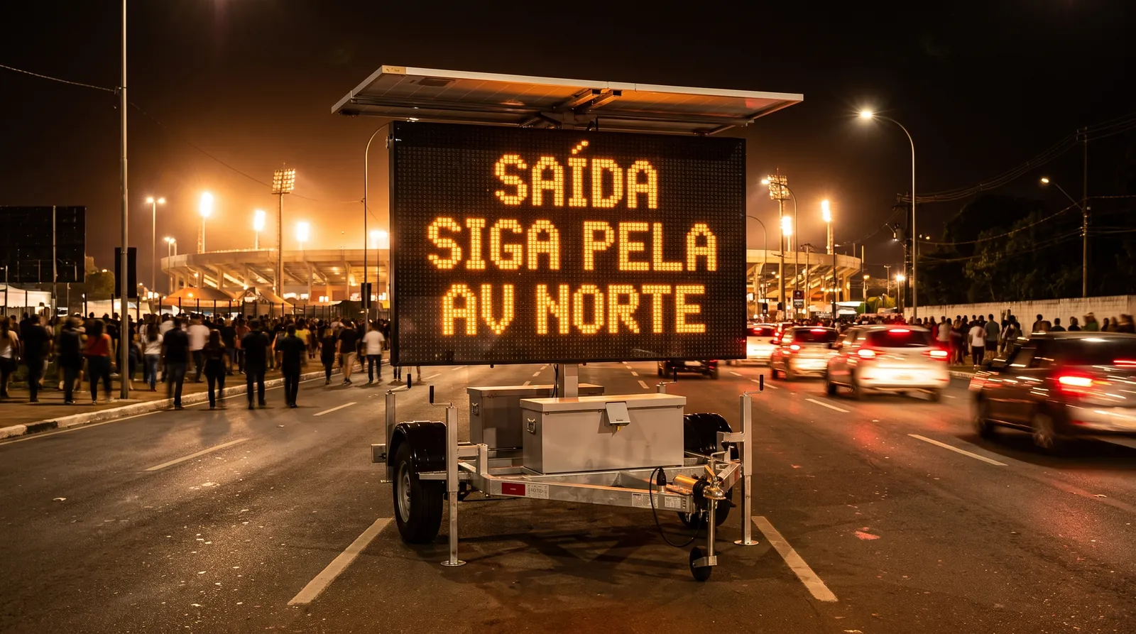 Painel de mensagem variável móvel exibindo SAÍDA SIGA PELA AV NORTE no escoamento de um evento