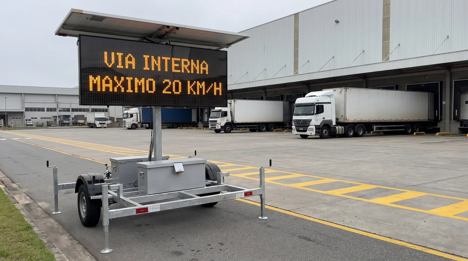Painel de mensagem variável móvel exibindo VIA INTERNA MÁXIMO 20 KM/H diante de docas de carregamento