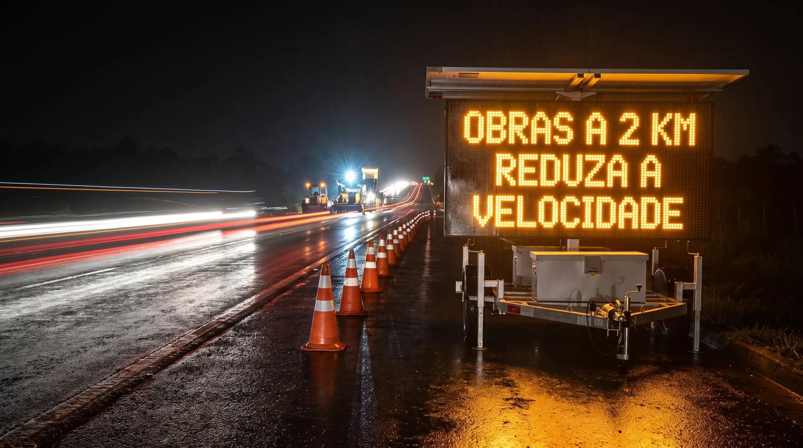 Painel de mensagem variável móvel exibindo OBRAS A 2 KM REDUZA A VELOCIDADE em obra noturna
