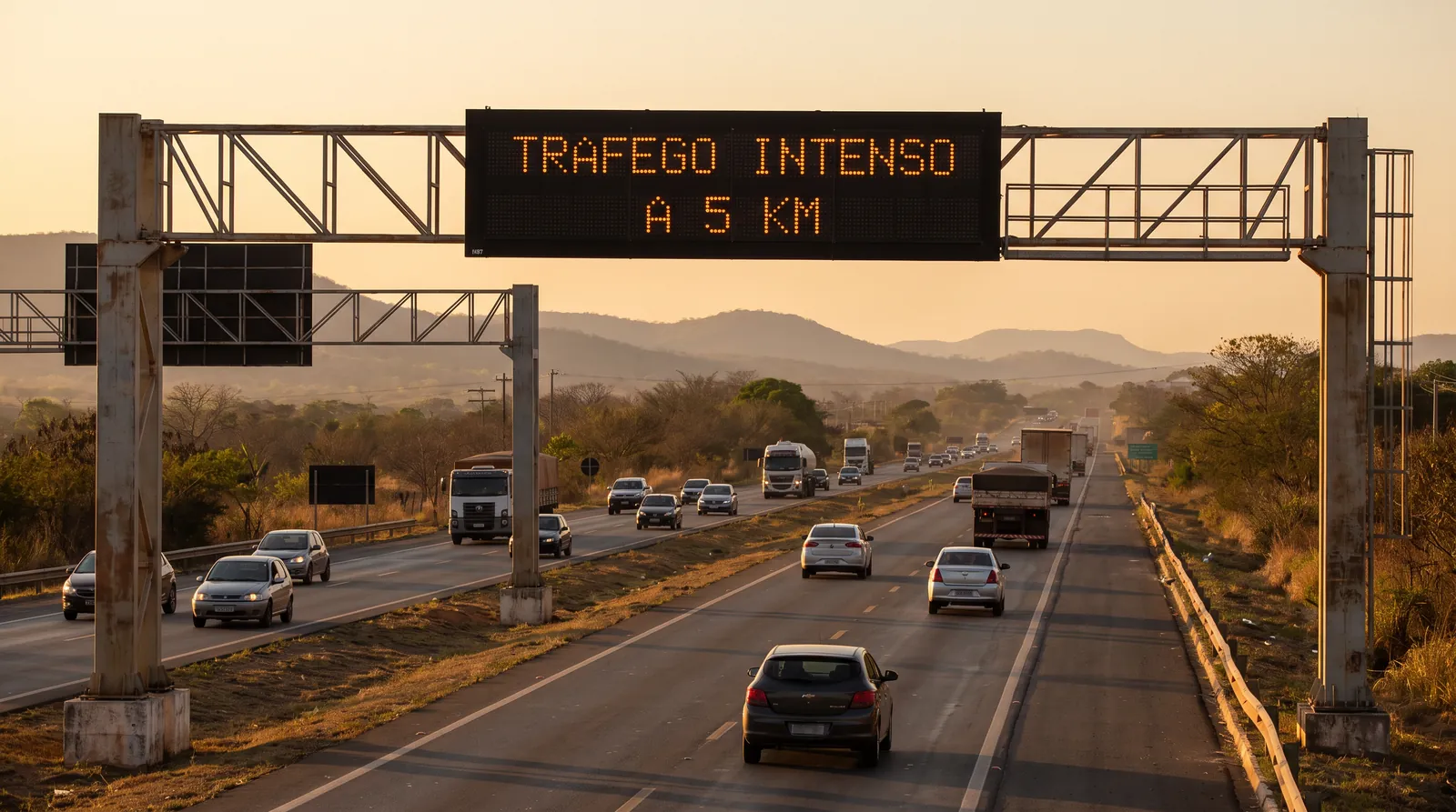 Painel de mensagem variável fixo em pórtico sobre rodovia