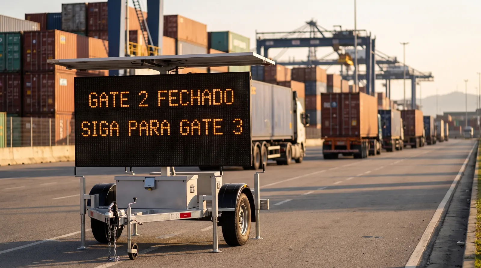 Painel de mensagem variável móvel exibindo GATE 2 FECHADO, SIGA PARA GATE 3 no acesso a um terminal portuário, com fila de caminhões ao fundo