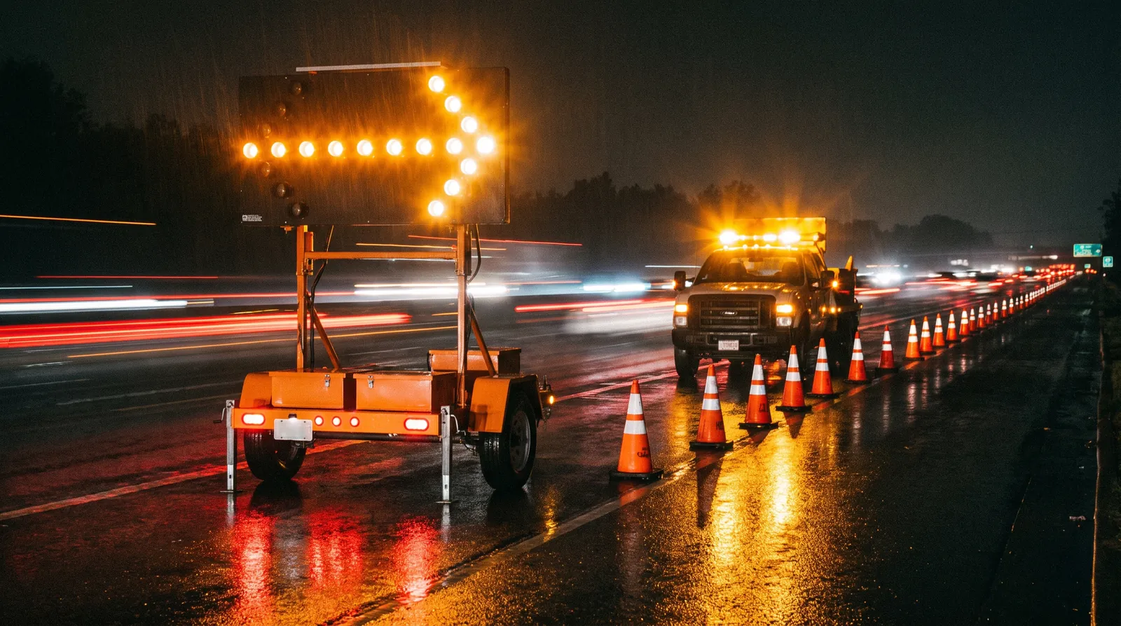 Painel de seta luminoso apontando à direita em obra noturna de rodovia, com veículo de proteção e cones