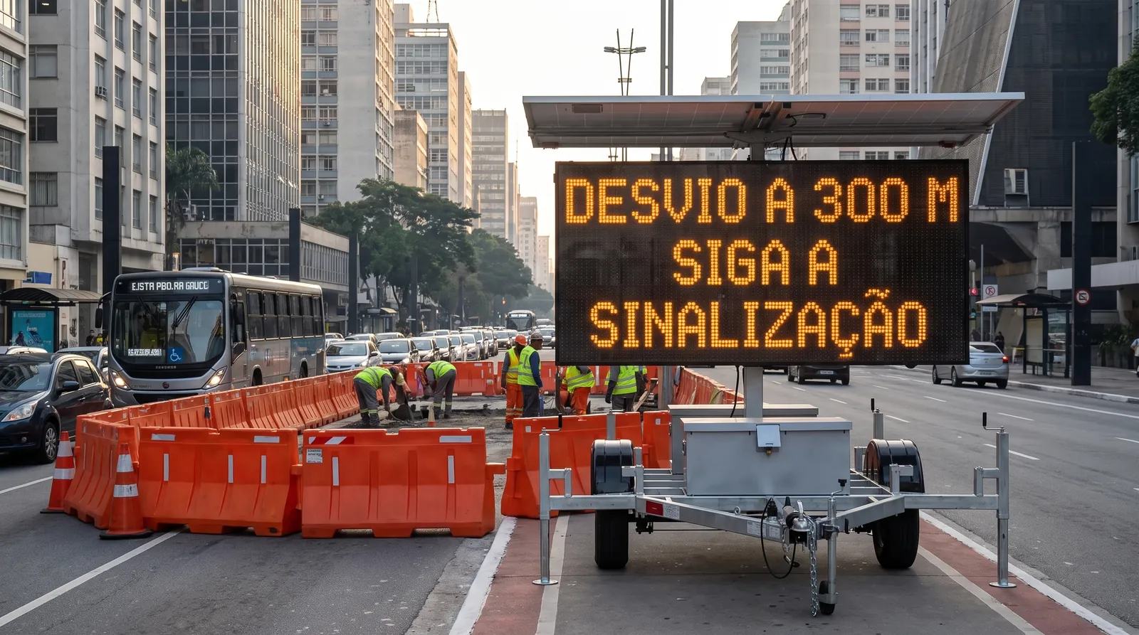 Painel de mensagem variável móvel em avenida urbana junto a barreiras laranja
