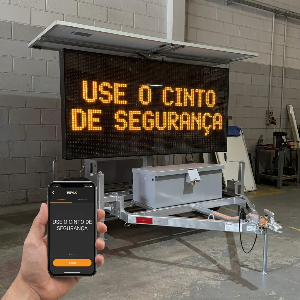 Mão segurando celular com o aplicativo Revlo, enviando a mensagem USE O CINTO DE SEGURANÇA para o painel