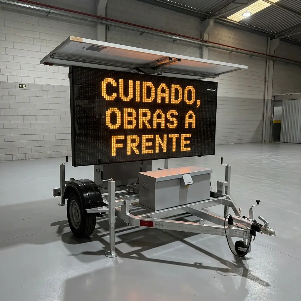 Painel de mensagem variável móvel Revlo exibindo CUIDADO, OBRAS A FRENTE em três linhas