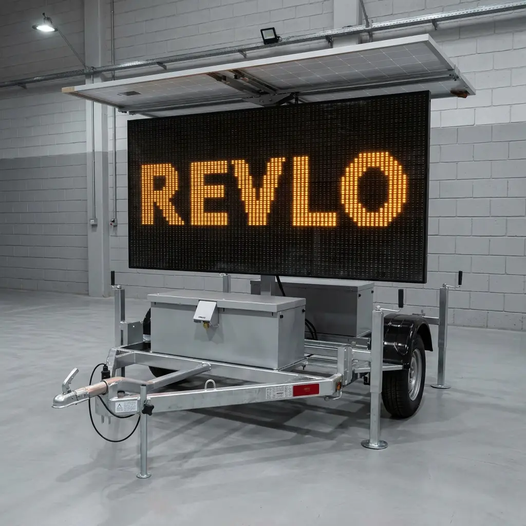 Painel de mensagem variável móvel Revlo posicionado com os quatro pés estabilizadores apoiados no piso